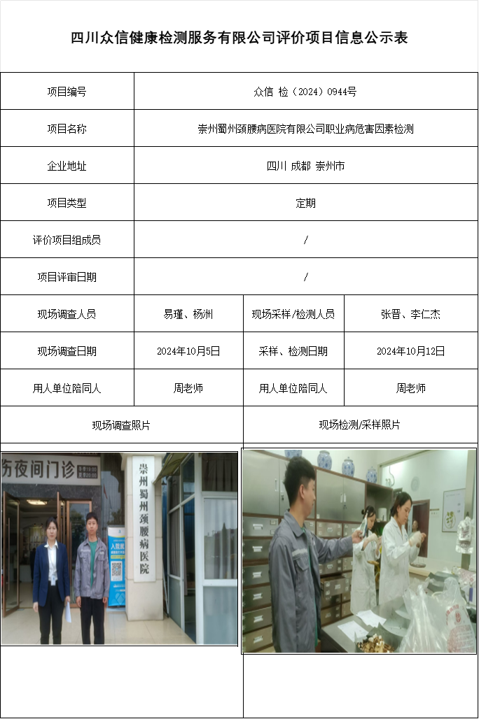 崇州蜀州颈腰病医院有限公司职业病危害因素检测