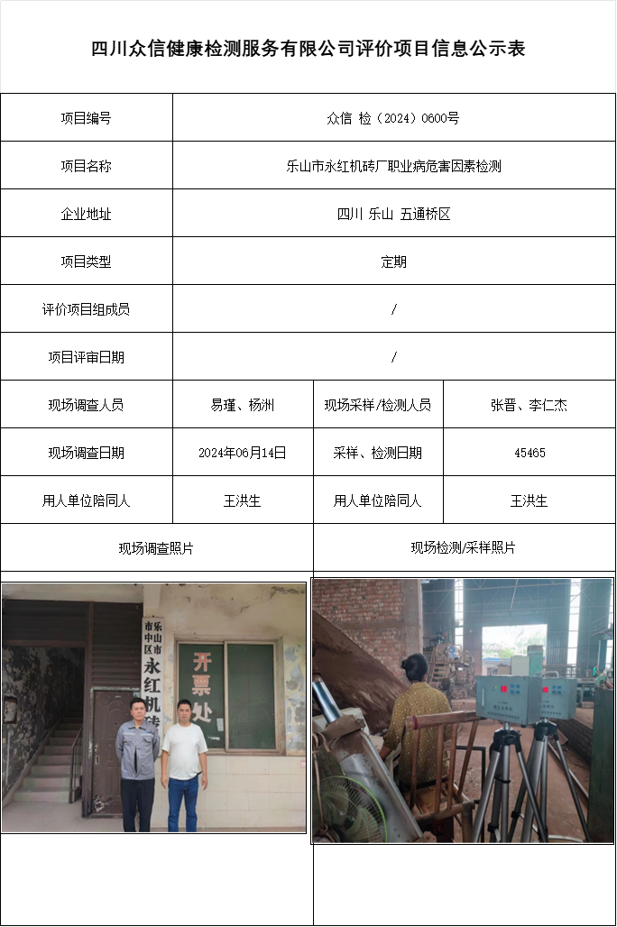 乐山市永红机砖厂职业病危害因素检测