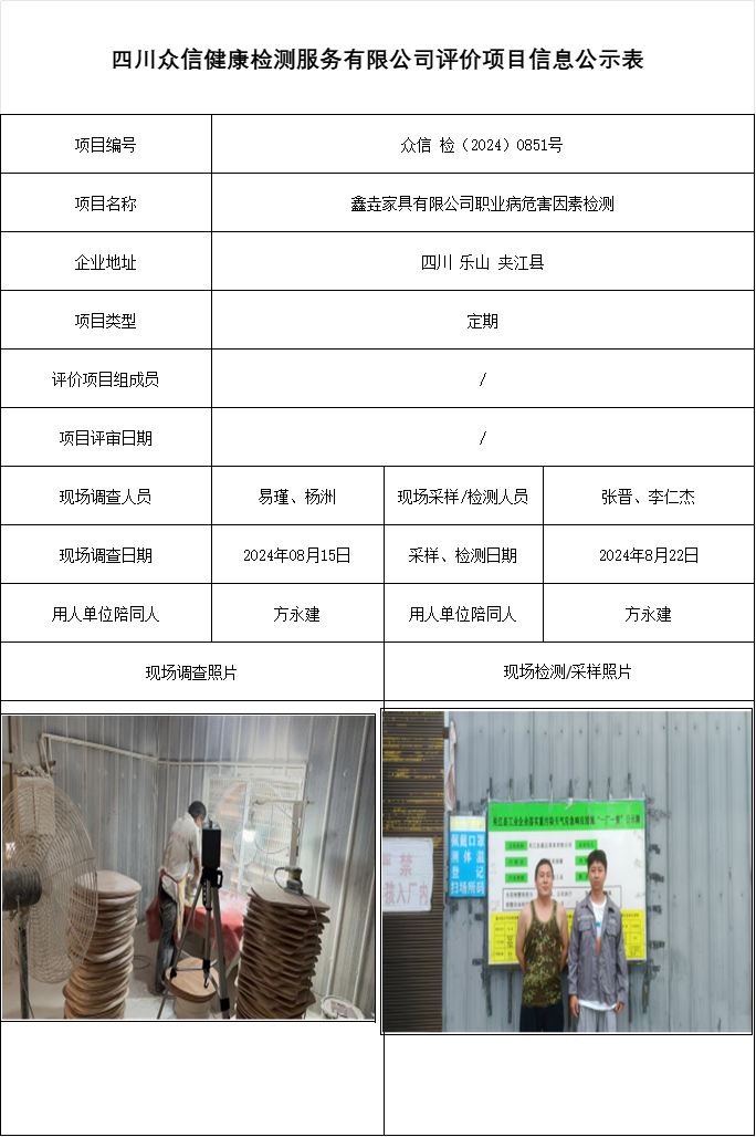 鑫垚家具有限公司职业病危害因素检测