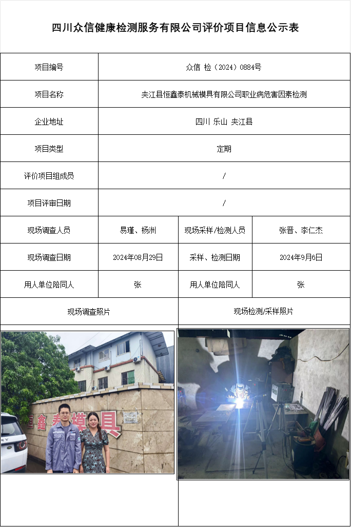 夹江县恒鑫泰机械模具有限公司职业病危害因素检测