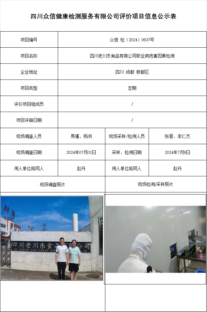 四川老川东食品有限公司职业病危害因素检测