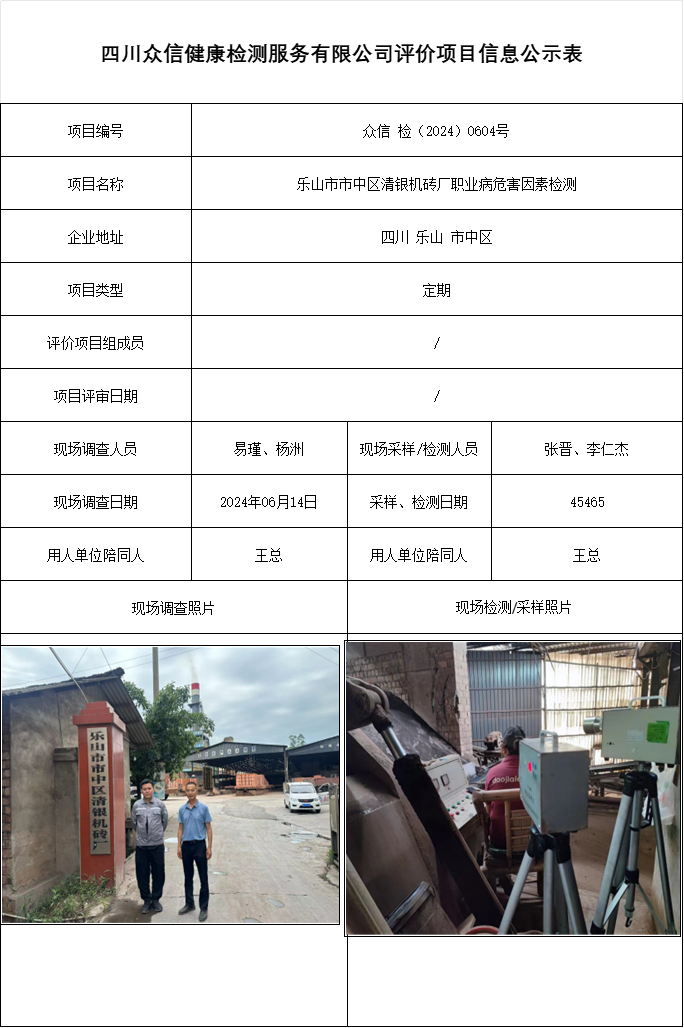 乐山市市中区清银机砖厂职业病危害因素检测