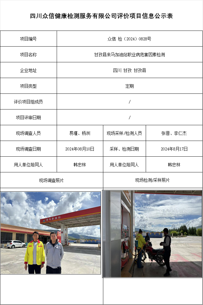甘孜县来马加油站职业病危害因素检测