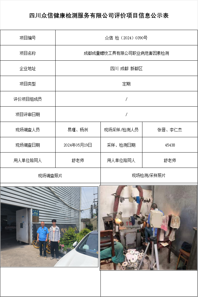 成都成量螺纹工具有限公司职业病危害因素检测