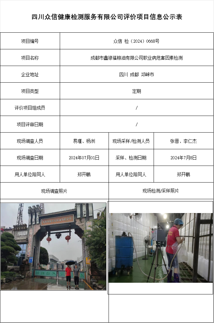 成都市鑫禄福粮油有限公司职业病危害因素检测