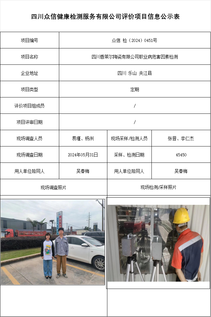 四川香莱尔陶瓷有限公司职业病危害因素检测