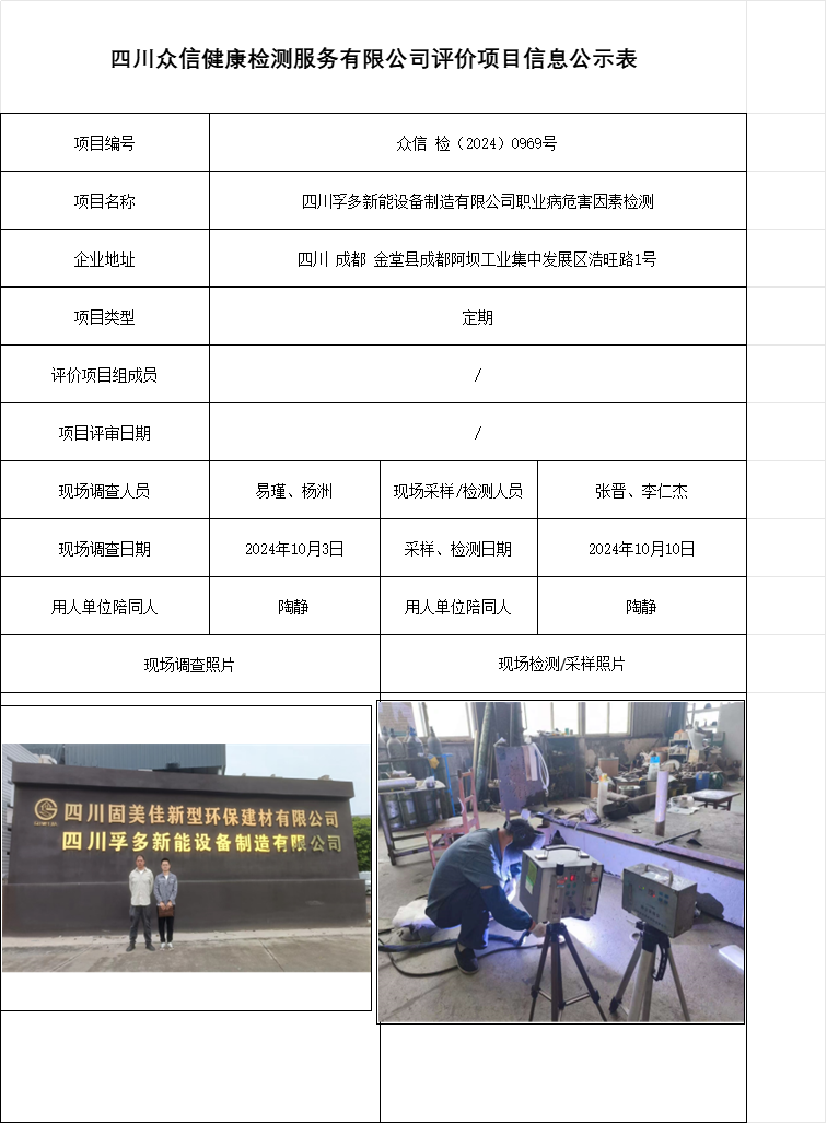 四川孚多新能设备制造有限公司职业病危害因素检测