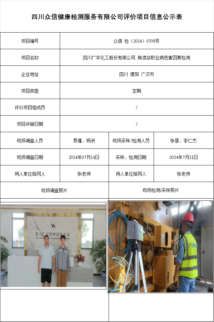四川广宇化工股份有限公司 商混站职业病危害因素检测