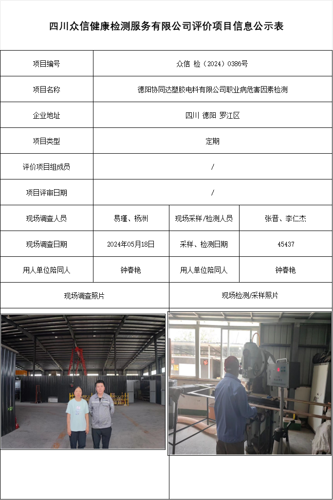 德阳协同达塑胶电料有限公司职业病危害因素检测