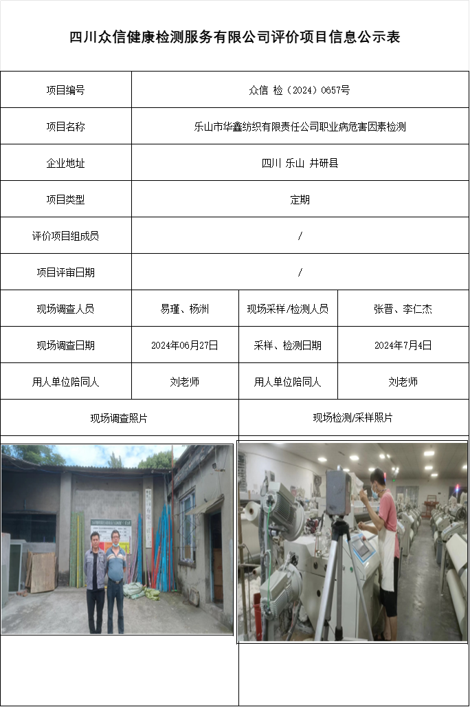 乐山市华鑫纺织有限责任公司职业病危害因素检测