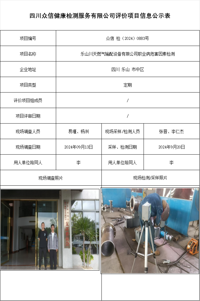 乐山川天燃气输配设备有限公司职业病危害因素检测