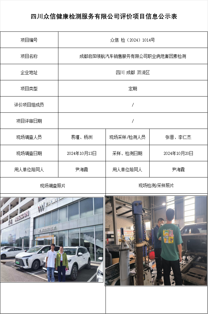 成都启阳领航汽车销售服务有限公司职业病危害因素检测