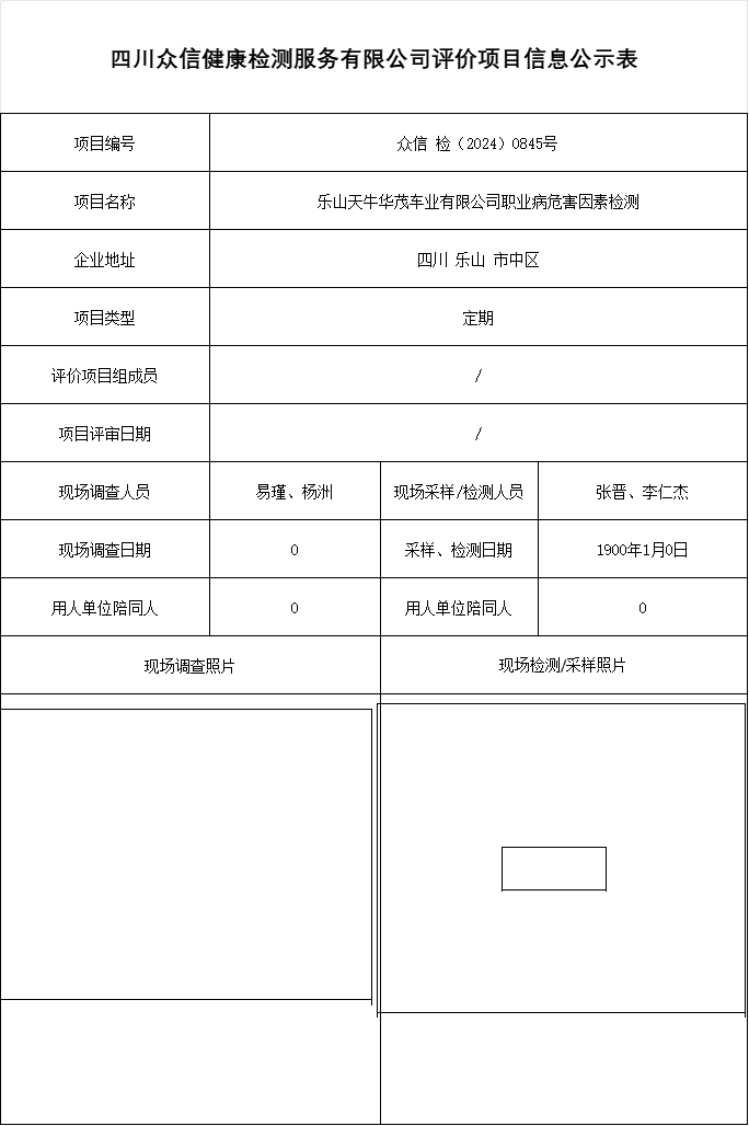 乐山天牛华茂车业有限公司职业病危害因素检测