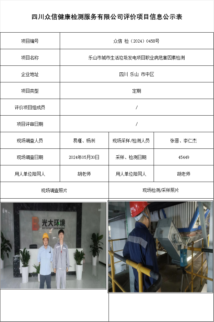 乐山市城市生活垃圾发电项目职业病危害因素检测