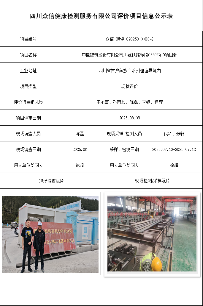 中国建筑股份有限公司川藏铁路标段CZSCZQ-9项目部现状评价