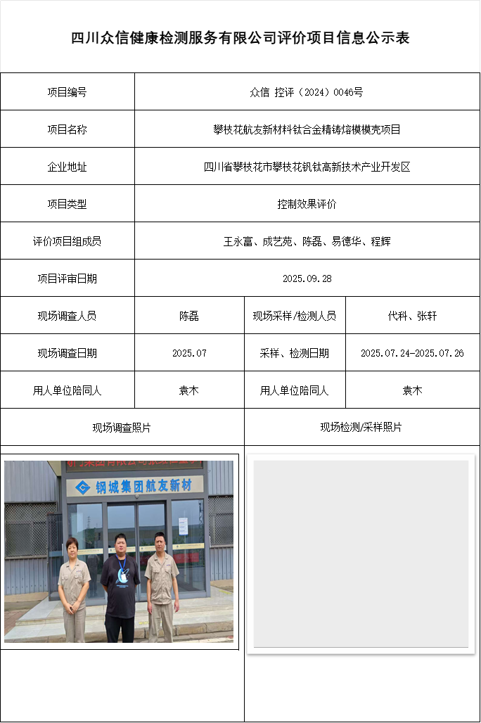 攀枝花航友新材料钛合金精铸熔模模壳项目控评